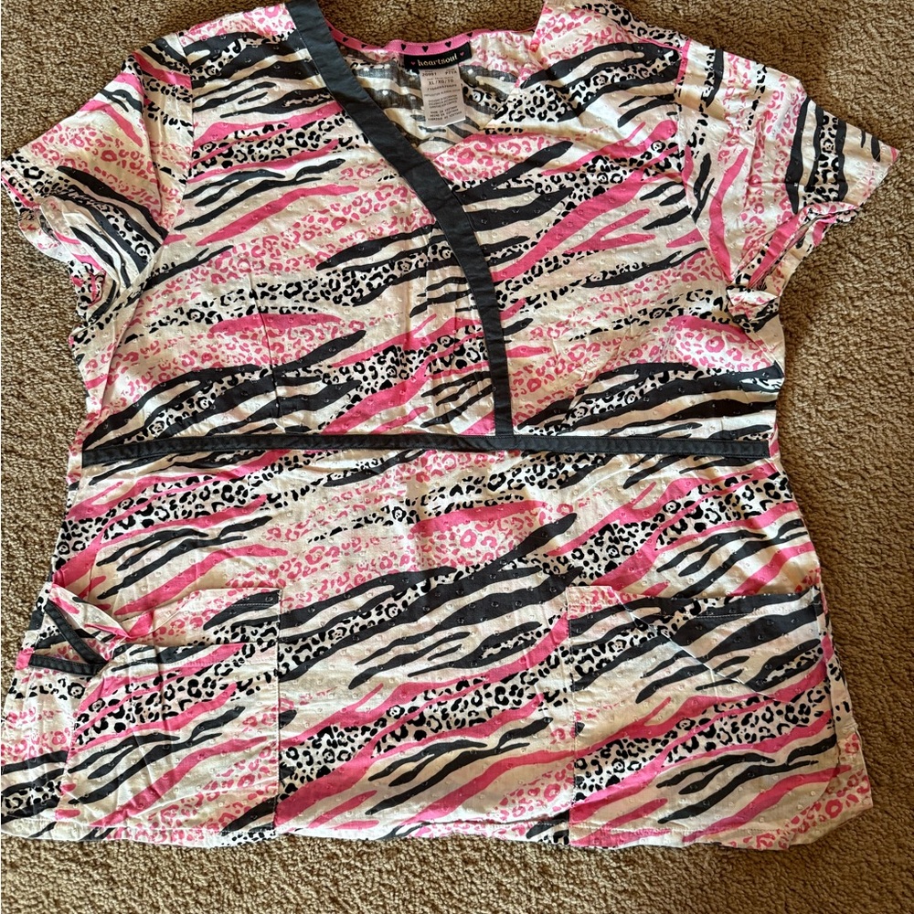 HeartSoul Pink and Black Patterned Scrub Top